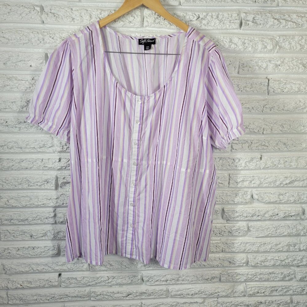 Soft Focus Womens Top 20W Plus Puff Sleeve Purple Stripe Lightweight STR99E